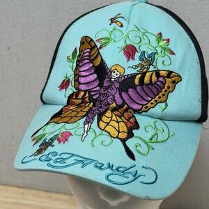Ed Hardy Trucker Hat Kids Butterfly Fairy Embroidered Y2K Blue Cap